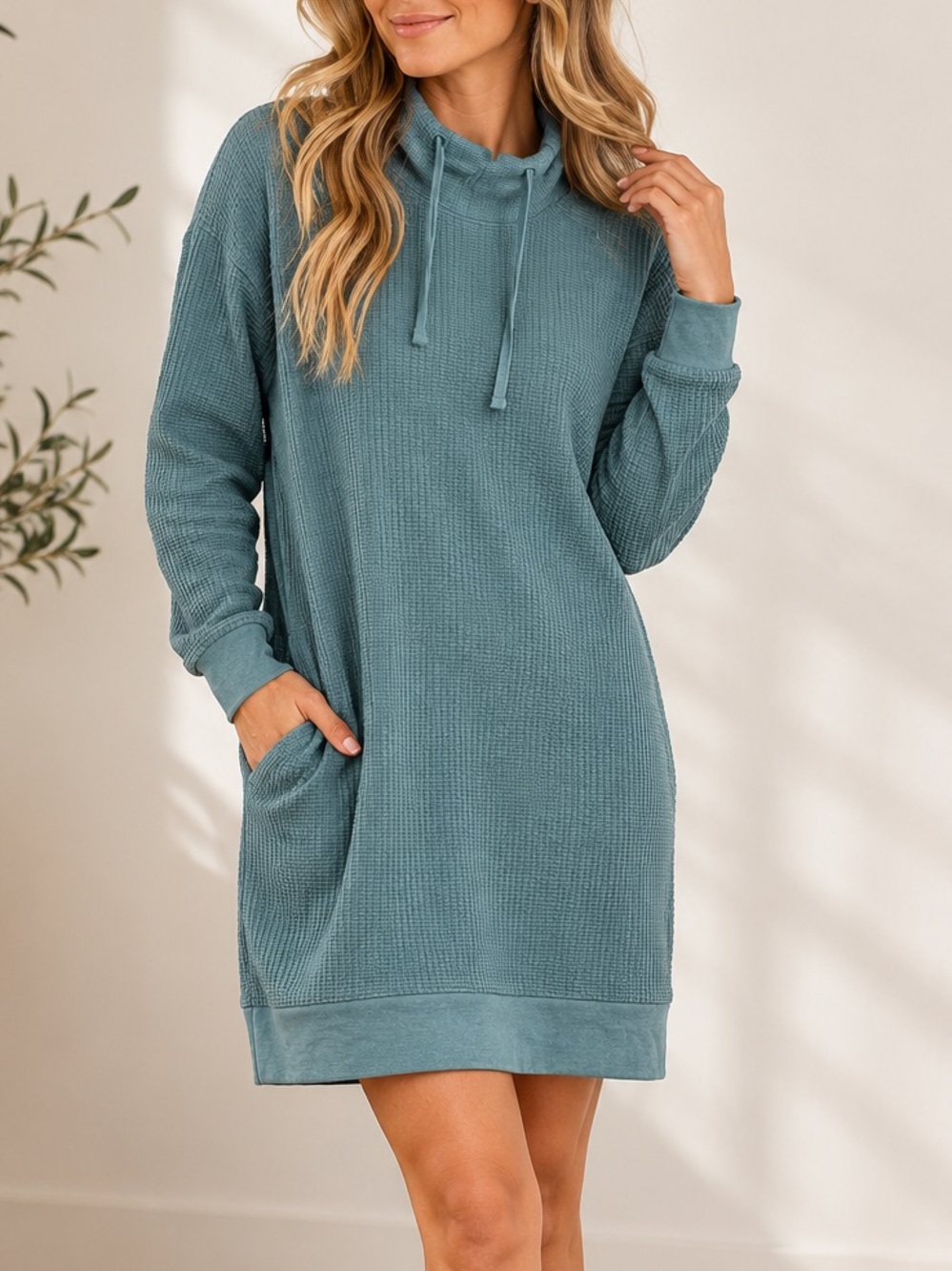 Lilla P XS Oversized Teal Waffle Knit Cowl Neck Drawstring Sweatshirt Mini Dress